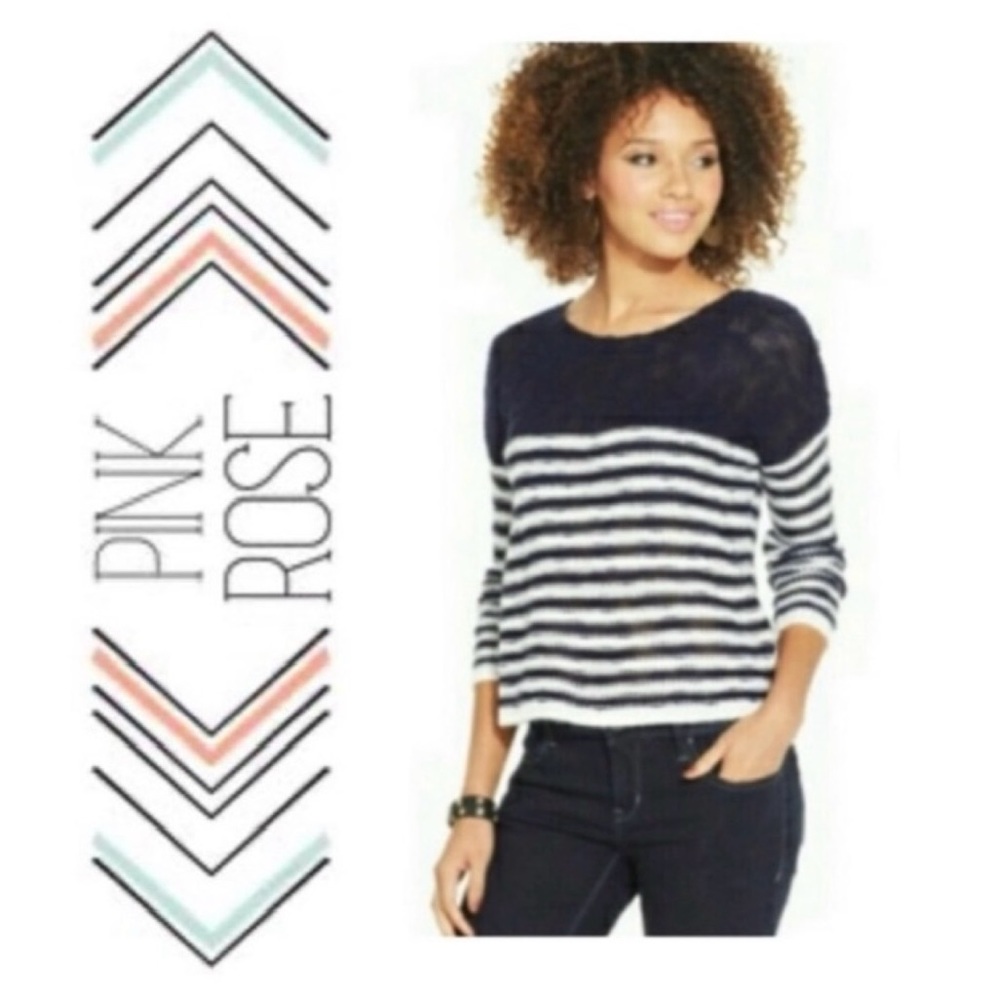 🥶 PINK ROSE Navy Blue Stripe Sweater NWT S